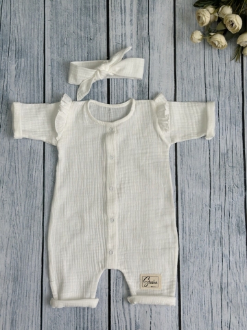 336-МО. Комбинезон с повязкой для девочки из муслина, хлопок 100%, размеры 56,62,68, молочный